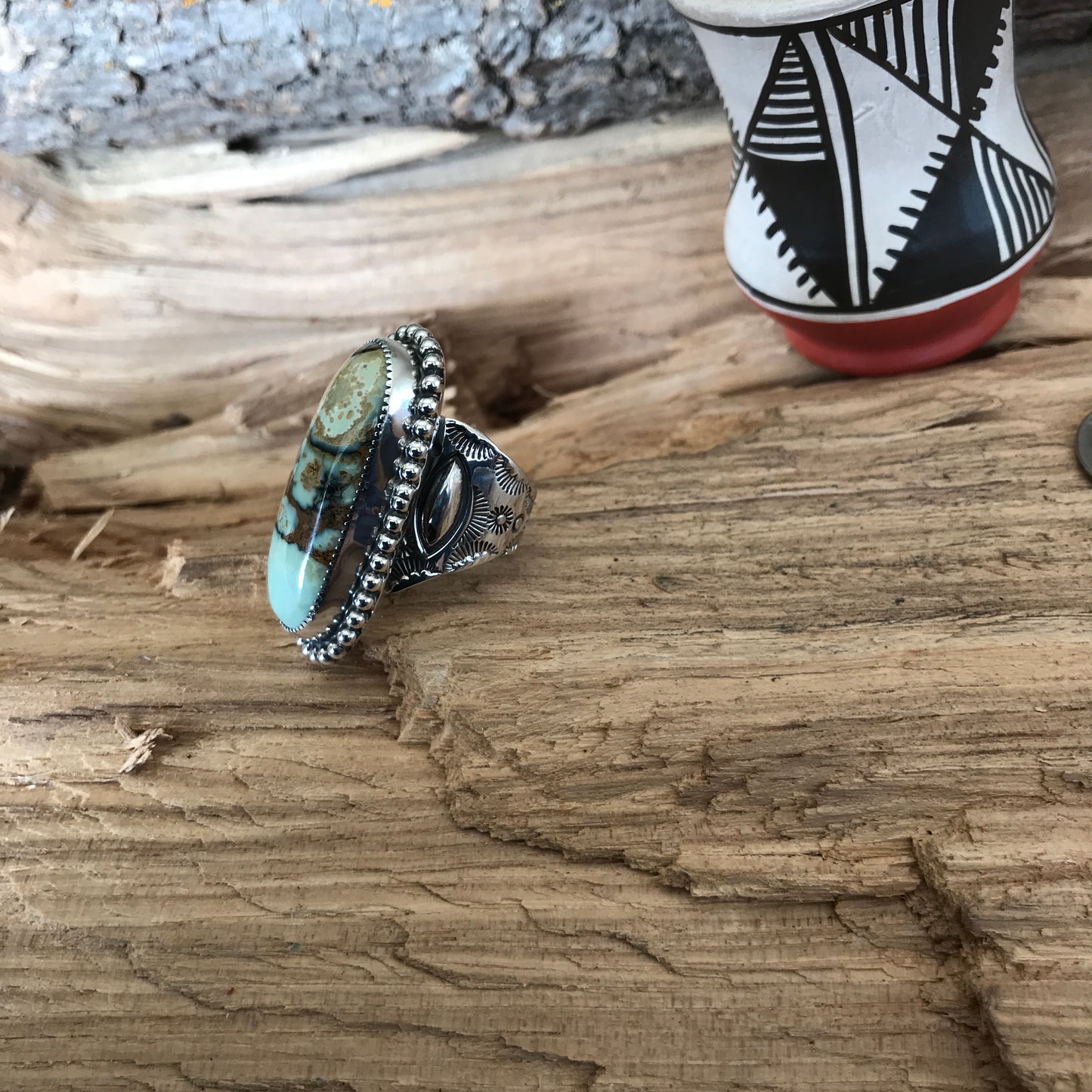 7 Dwarfs Turquoise ring with Offset shank~ Sterling Silver~ Artisan Handmade~size 9
