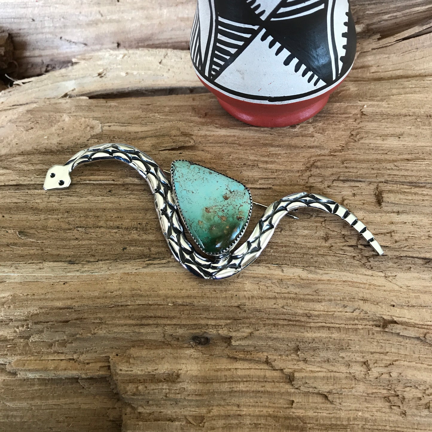 DESERT TRAVELER~ Royston Turquoise Rattlesnake Pin~ Sterling Silver~ Artisan Handmade