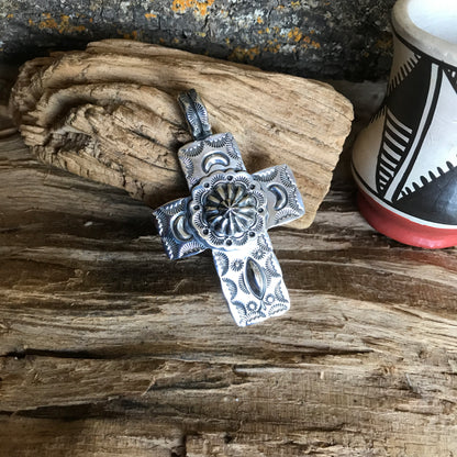 Cross Pendant~Sterling Silver~ Repousse Concho~ Artisan Handmade