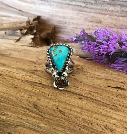 Kings Manassa Turquoise Ring with an Amber Wildflower~ Sterling Silver~ Artisan Handmade~ Size 7 3/4