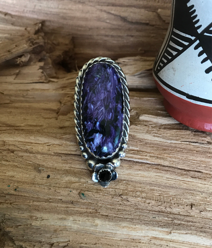 Charoite and Black Onyx Ring~Sterling Silver~ Artisan Handmade~ Size 8 1/2