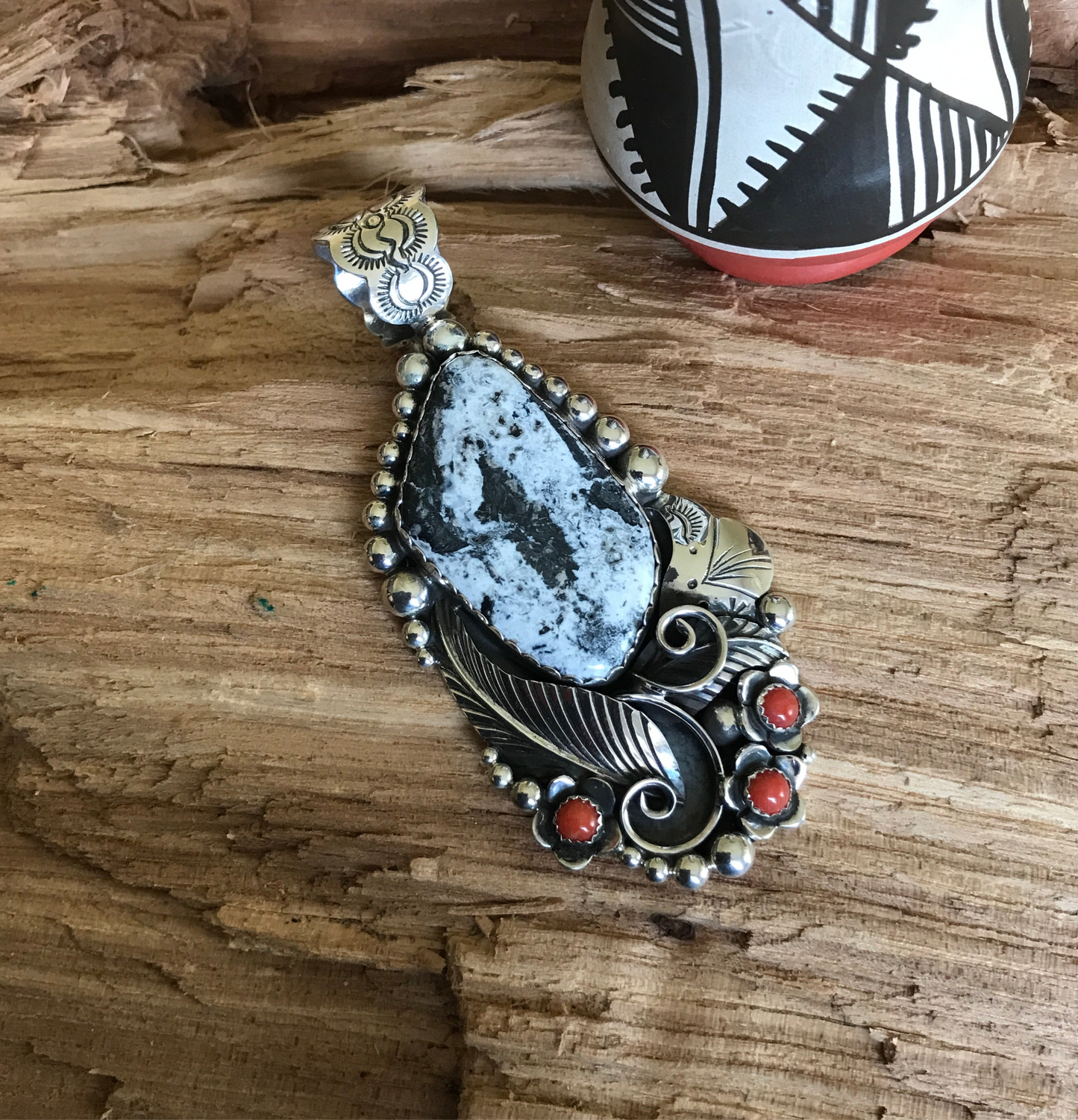 White Buffalo Turquoise pendant with Red Coral~ Sterling Silver~ large pendant~ Artisan Handmade