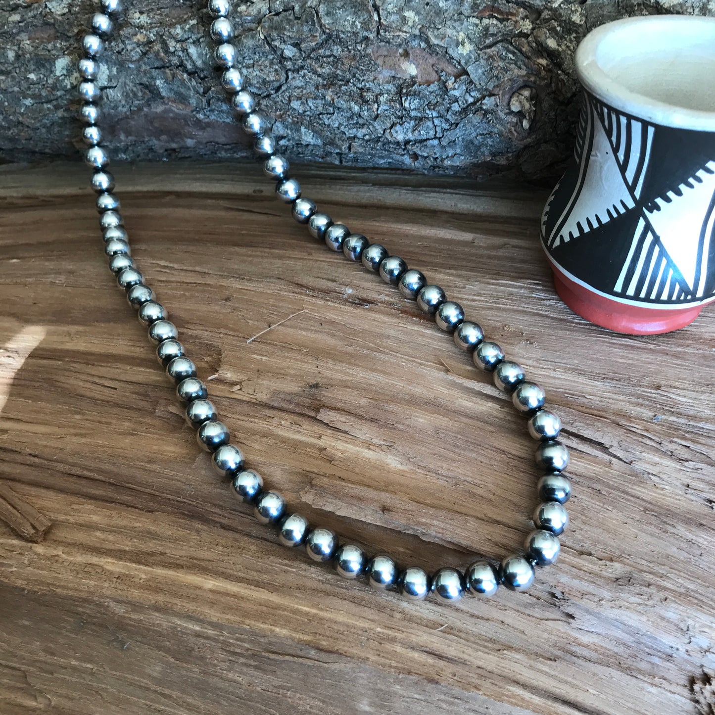 Navajo Pearls 21 inch~ Sterling Silver~ 8 mm beads~ Soldered Handmade Catches~ Strung on Squashblossom heavy braided Foxtail