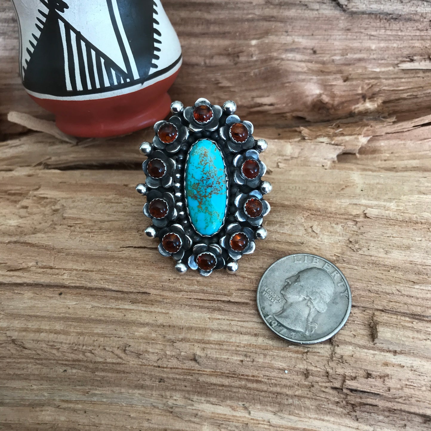 FLORA de SANTA FE Ring~Sterling Silver~ Kings Manassa Turquoise and Amber~ Artisan Handmade~ Size 6