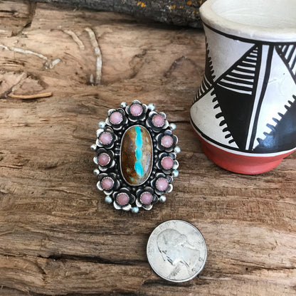 FLORA de SANTA FE Ring~Sterling Silver~ Royston Ribbon Turquoise and Pink Opal~ Artisan Handmade~ Size 8