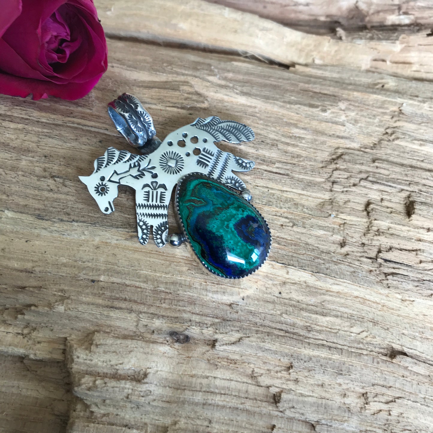 SPIRIT PONY pendant with Azurite Malachite~Sterling Silver~ Artisan Handmade~ 1063