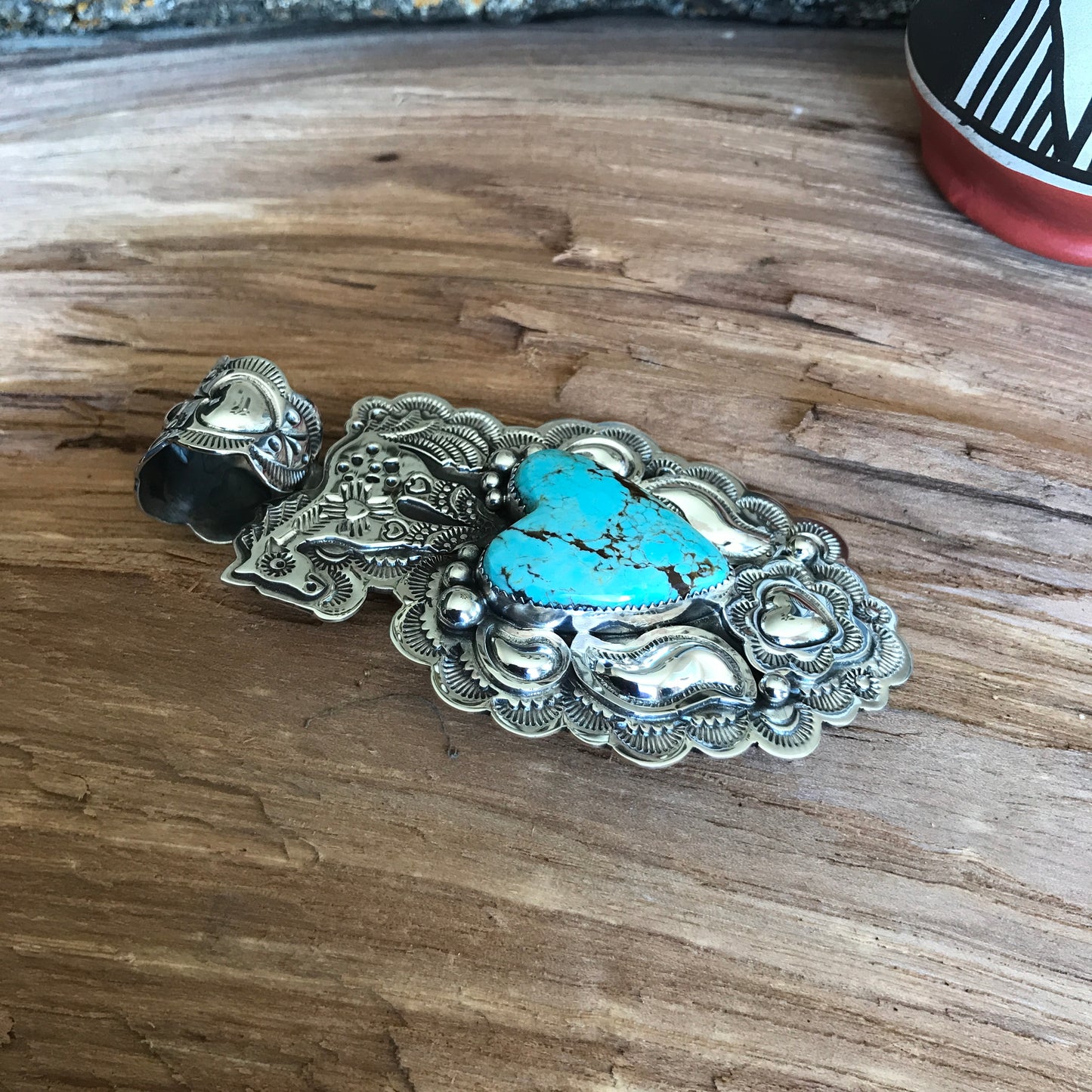 SPIRIT PONY Repousse pendant with #8 Turquoise~ Sterling Silver~ Large pendant~ Artisan Handmade