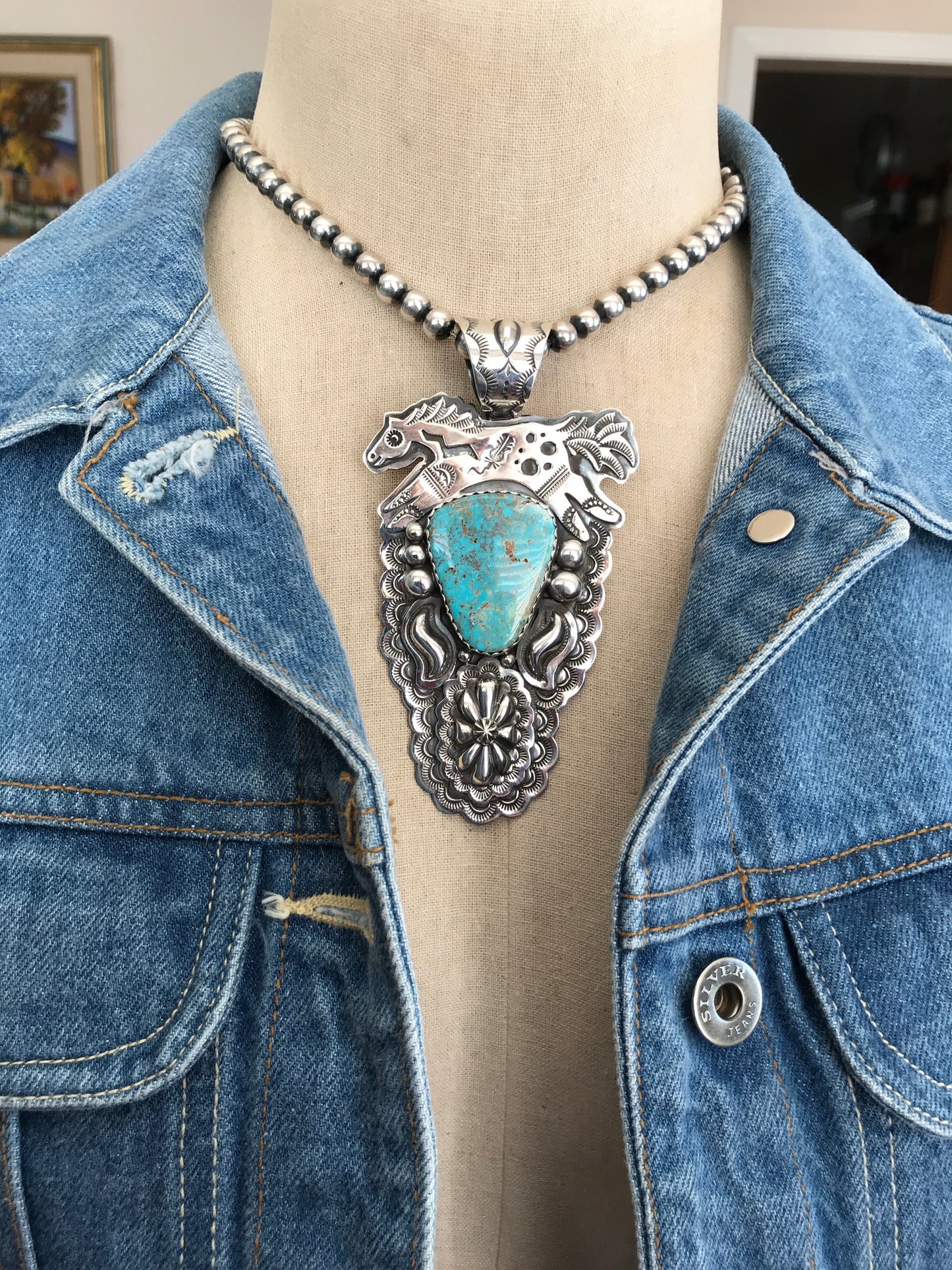 SPIRIT PONY pendant with Royston Turquoise~ Sterling Silver~ large pendant~ Artisan Handmade