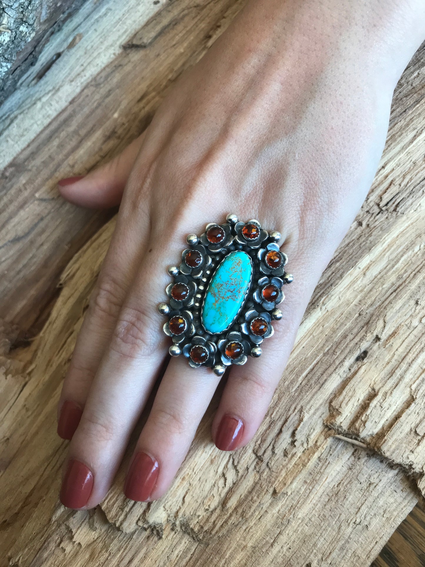 FLORA de SANTA FE Ring~Sterling Silver~ Kings Manassa Turquoise and Amber~ Artisan Handmade~ Size 6