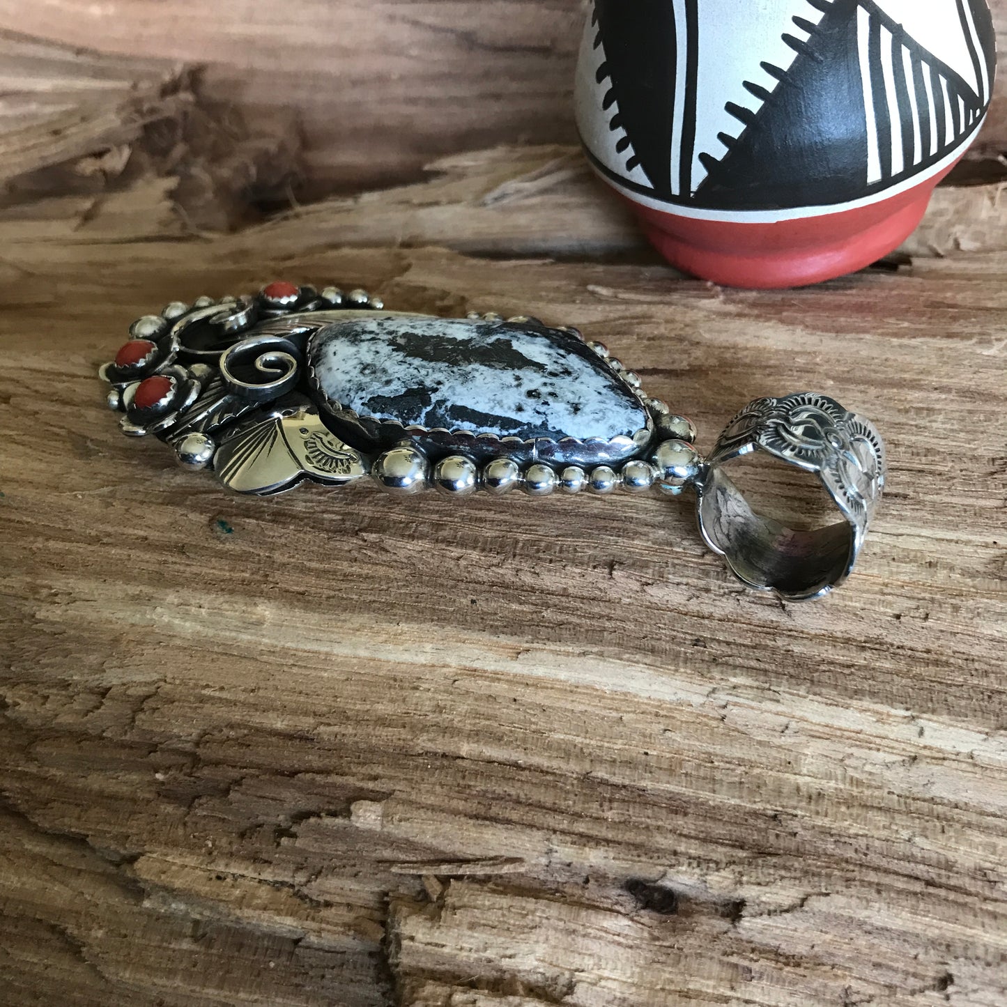 White Buffalo Turquoise pendant with Red Coral~ Sterling Silver~ large pendant~ Artisan Handmade