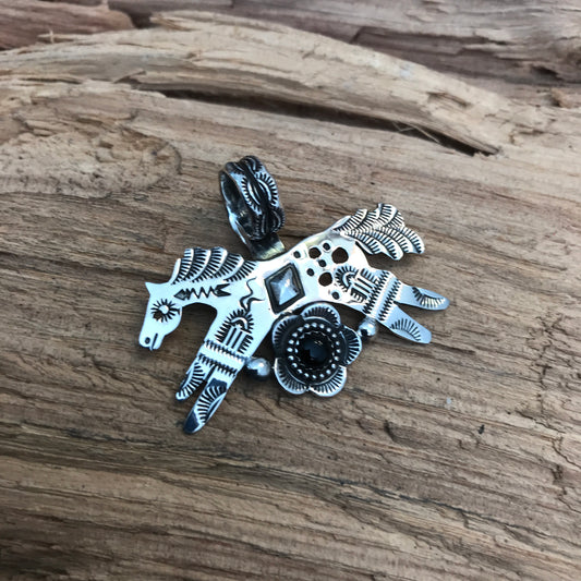 SPIRIT PONY Black Onyx Taos Flora Pendant~ Sterling Silver~ Artisan Handmade ~ 1209