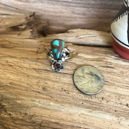 Kings Manassa Turquoise Ring with an Amber Wildflower~ Sterling Silver~ Artisan Handmade~ Size 8