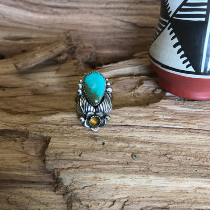 Royston Turquoise Ring with a Citrine Wildflower~ Sterling Silver~ Artisan Handmade~ Size 6 1/2