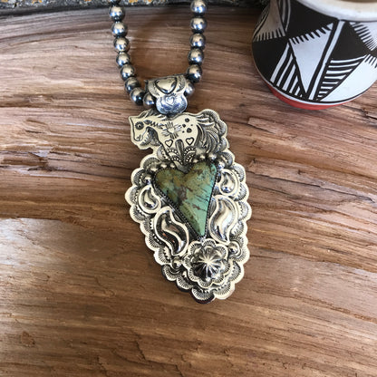 SPIRIT PONY Repousse pendant with Green Turquoise~ Sterling Silver~ Large pendant~ Artisan Handmade