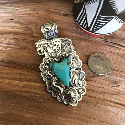 SPIRIT PONY Repousse pendant with #8 Turquoise~ Sterling Silver~ Large pendant~ Artisan Handmade