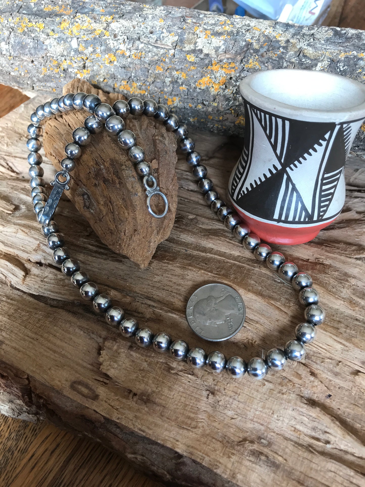 Navajo Pearls 23 inch~ Sterling Silver~ 7mm beads~ Soldered Handmade Catches~ Strung on Squashblossom heavy braided Foxtail