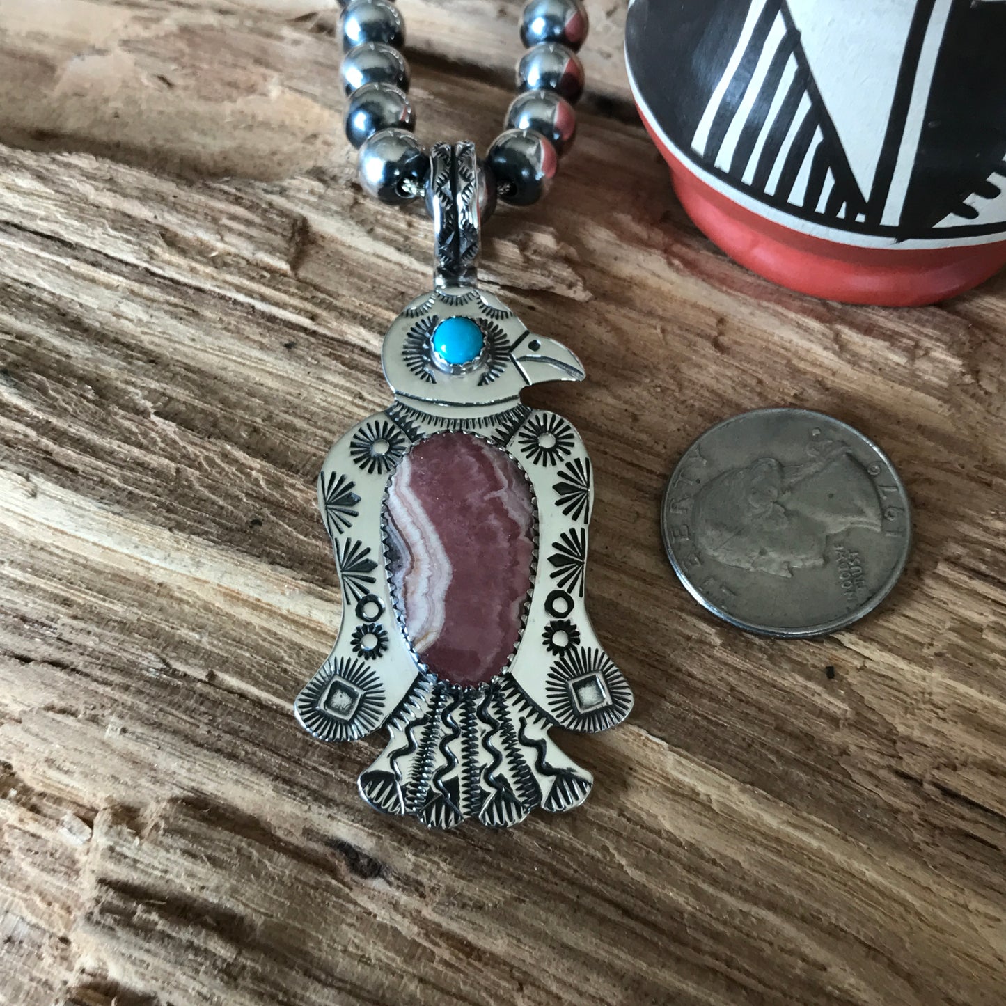 Rhodochrosite Thunderbird pendant~ Sterling Silver~ Medium pendant~ Artisan Handmade