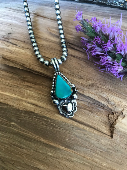 Kings Manassa Turquoise Pendant with a Heart Repousse~ Sterling Silver~ Artisan Handmade