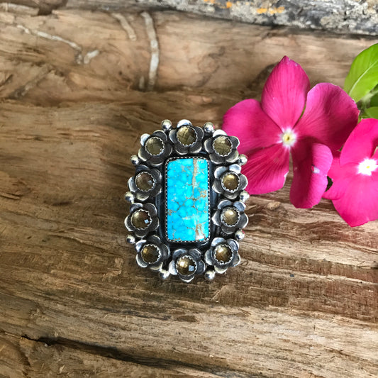 FLORA de SANTA FE ~ Kingman waterweb Turquoise ring with Citrine Wildflowers ~ Sterling Silver~ Artisan Handmade ~ size 8