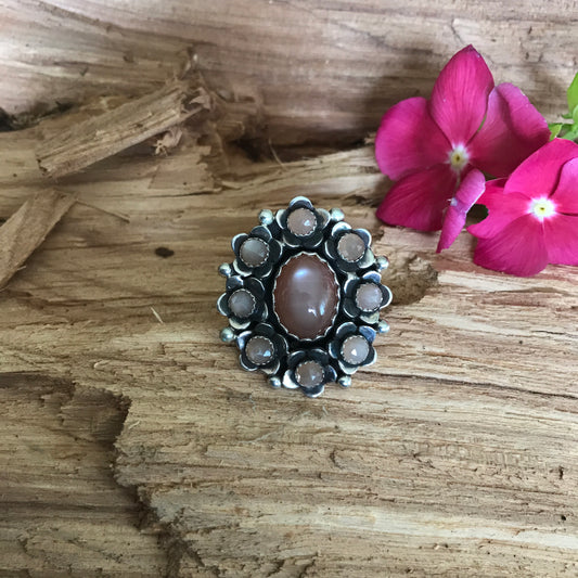 FLORA de SANTA FE Ring~Sterling Silver~ Peach Moonstone~ Artisan Handmade~ Size 6