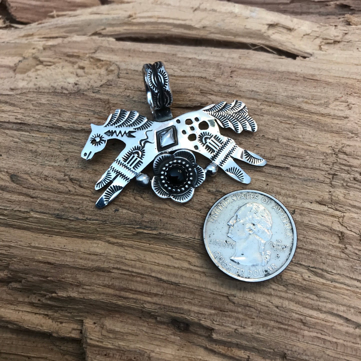 SPIRIT PONY Black Onyx Taos Flora Pendant~ Sterling Silver~ Artisan Handmade ~ 1209