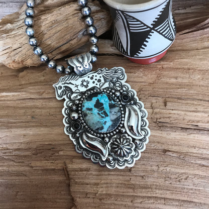 SPIRIT PONY Repousse pendant with Blue Moon Turquoise~ Sterling Silver~ Huge pendant~ Artisan Handmade