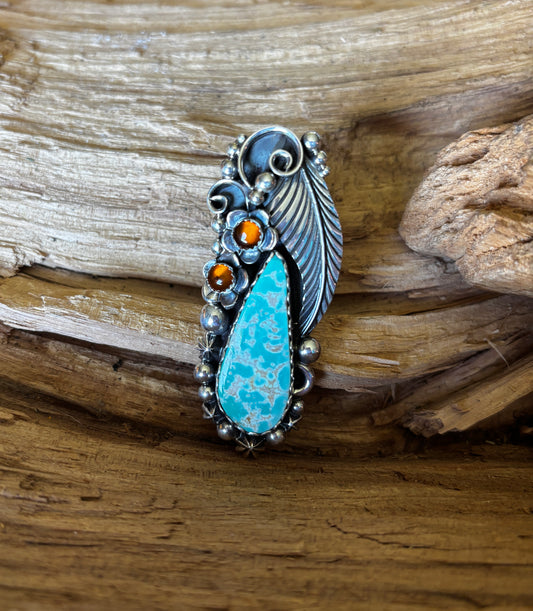 King Dry Creek, Natural Turquoise Ring with Amber Wildflowers~ Sterling  Silver~ Artisan Handmade~ Size 7 ~ 1207