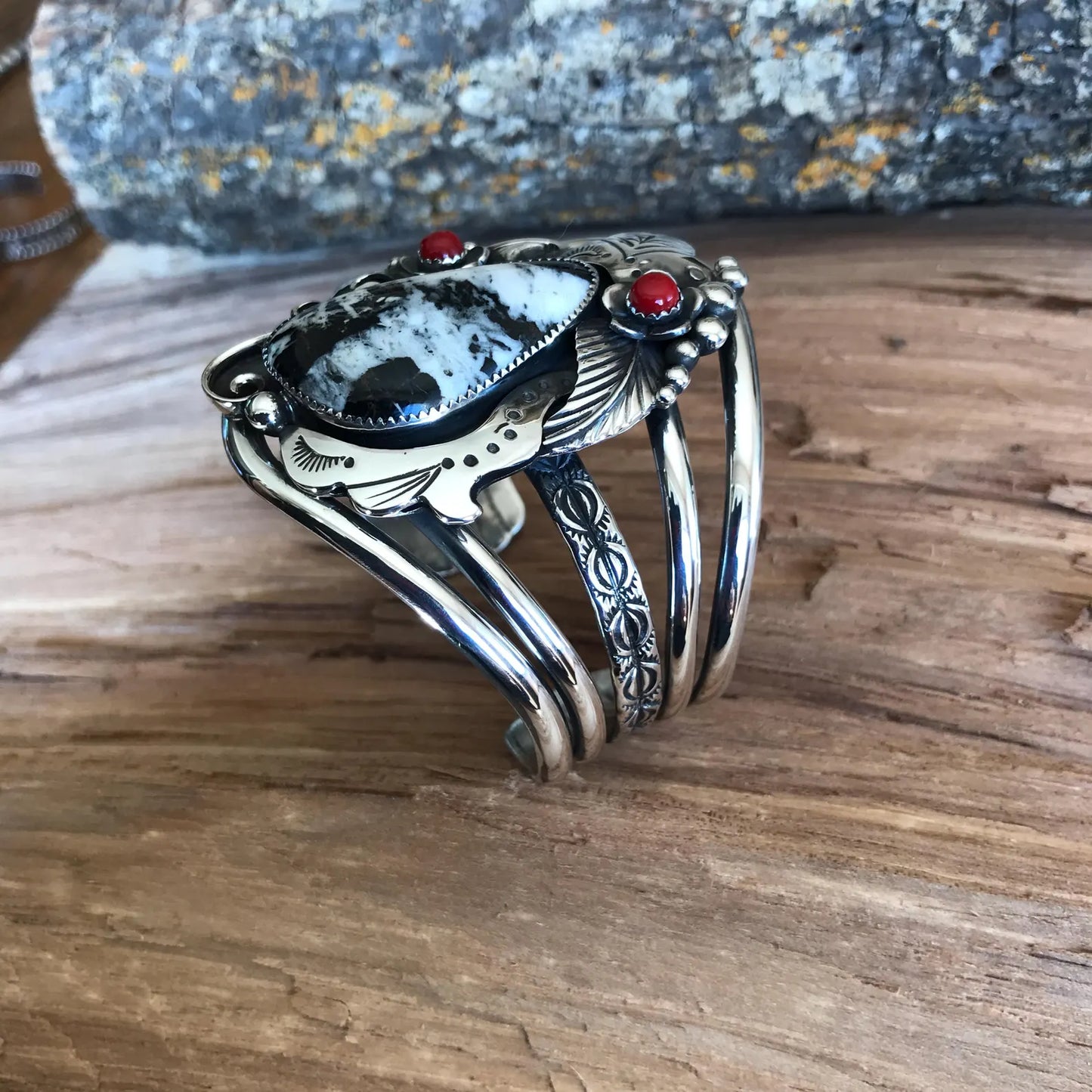 White Buffalo Turquoise Bracelet with Rosarita wildflowers~ Sterling Silver Cuff Bracelet Southwestern Style~ Artisan Handmade (5125)