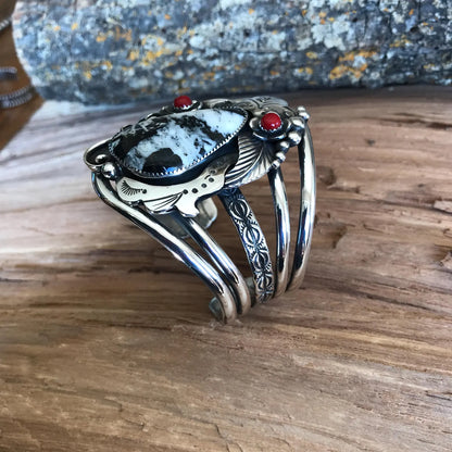 White Buffalo Turquoise Bracelet with Rosarita wildflowers~ Sterling Silver Cuff Bracelet Southwestern Style~ Artisan Handmade (5125)