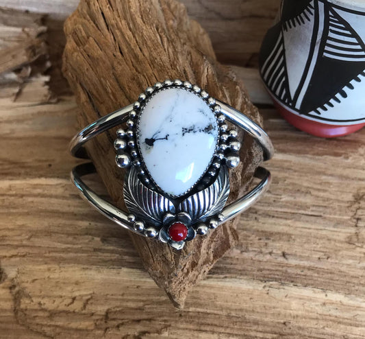 White Buffalo Turquoise Bracelet with a Rosarita wildflower~ Sterling Silver Cuff Bracelet Southwestern Style (5011)