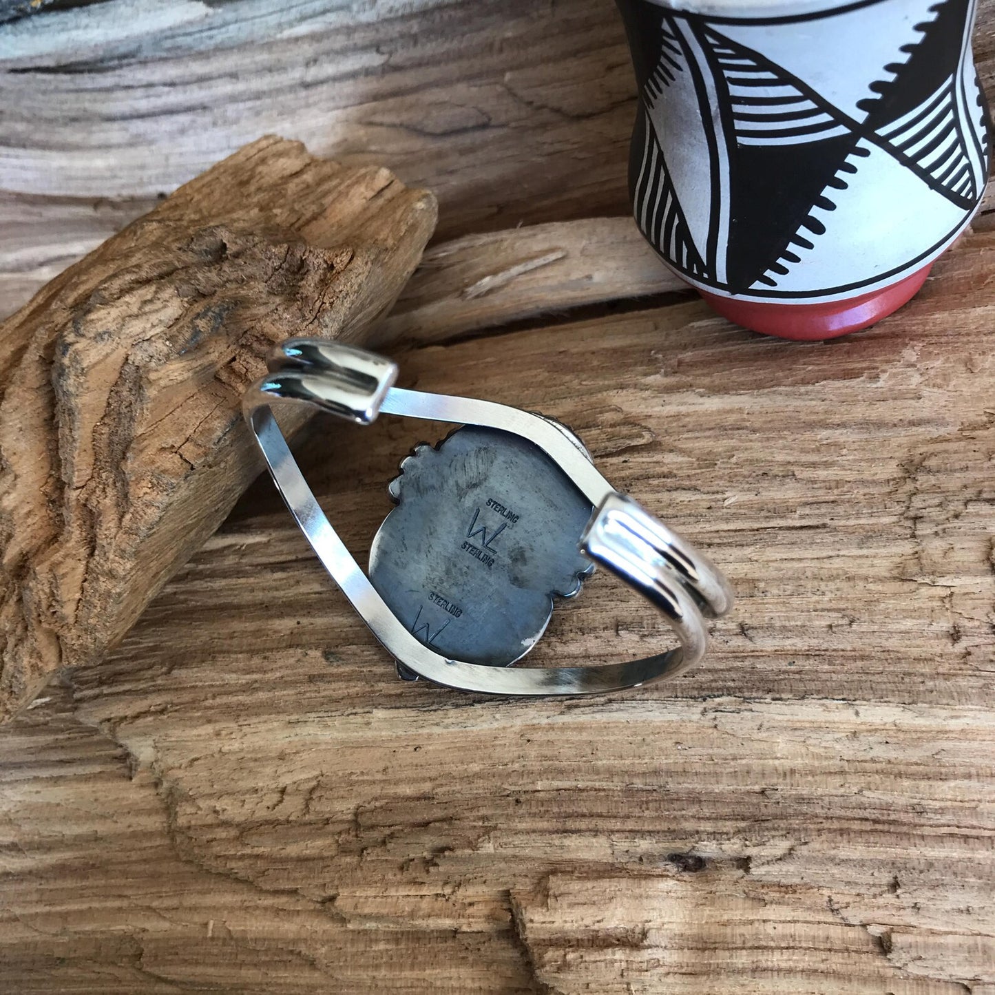 White Buffalo Turquoise Bracelet with a Rosarita wildflower~ Sterling Silver Cuff Bracelet Southwestern Style (5011)