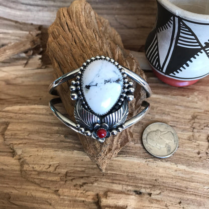 White Buffalo Turquoise Bracelet with a Rosarita wildflower~ Sterling Silver Cuff Bracelet Southwestern Style (5011)