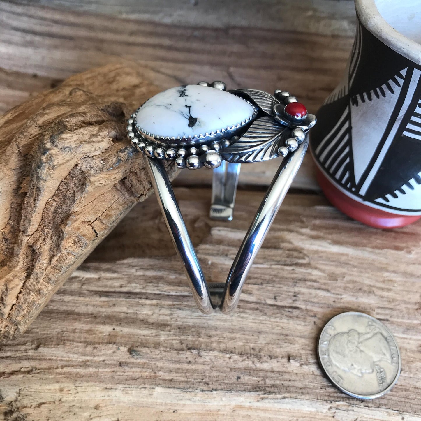 White Buffalo Turquoise Bracelet with a Rosarita wildflower~ Sterling Silver Cuff Bracelet Southwestern Style (5011)