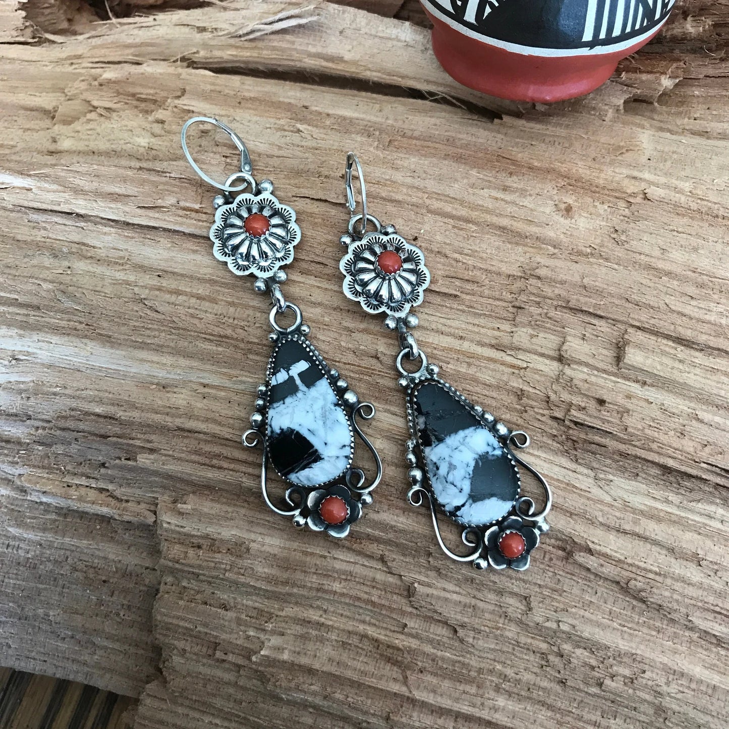White Buffalo and Red Coral Earrings~ Artisan Handmade~ Sterling Silver~ dangle earrings~ Southwestern Style (5199)