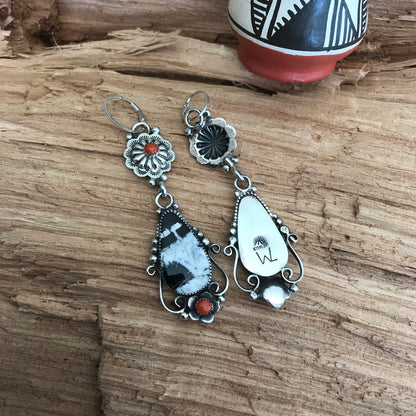 White Buffalo and Red Coral Earrings~ Artisan Handmade~ Sterling Silver~ dangle earrings~ Southwestern Style (5199)