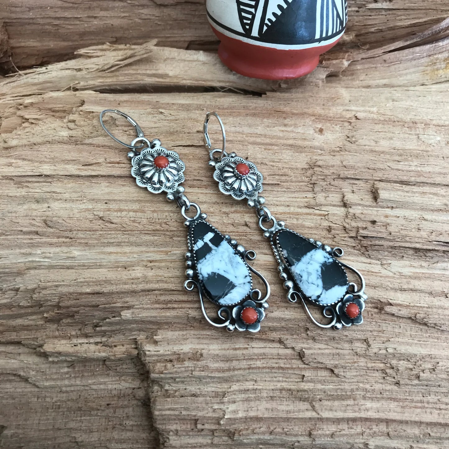 White Buffalo and Red Coral Earrings~ Artisan Handmade~ Sterling Silver~ dangle earrings~ Southwestern Style (5199)