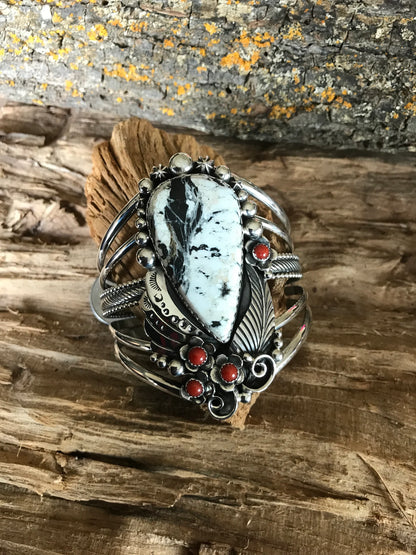 White Buffalo Turquoise Sterling Silver Cuff Bracelet: Red Coral Wildflowers, Large Wrist (5113)