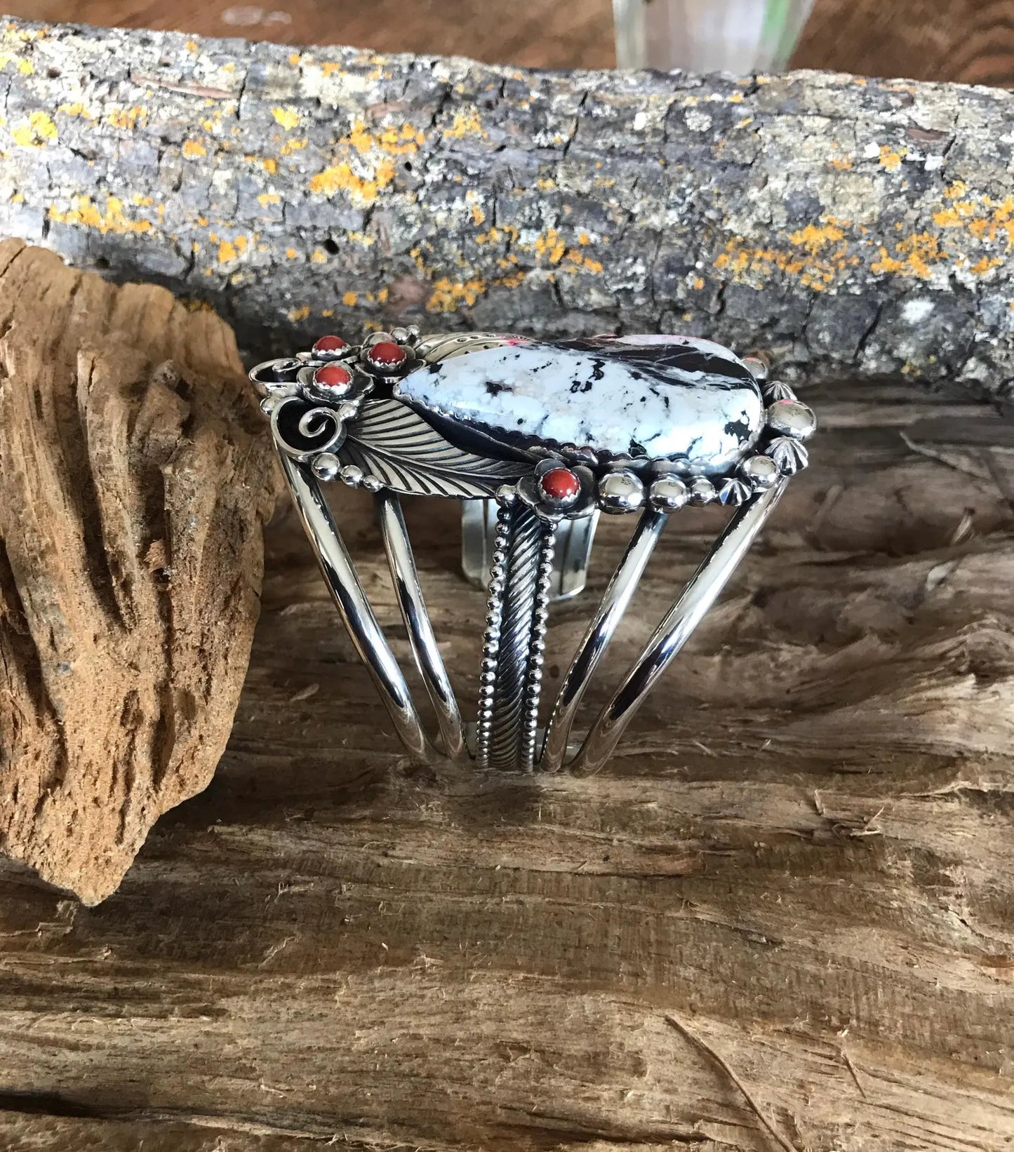 White Buffalo Turquoise Sterling Silver Cuff Bracelet: Red Coral Wildflowers, Large Wrist (5113)