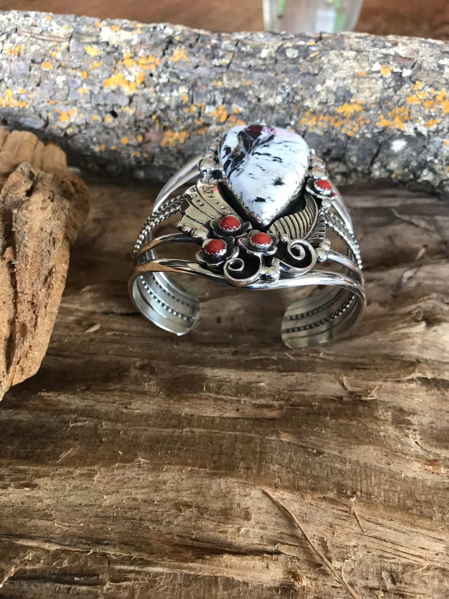 White Buffalo Turquoise Sterling Silver Cuff Bracelet: Red Coral Wildflowers, Large Wrist (5113)