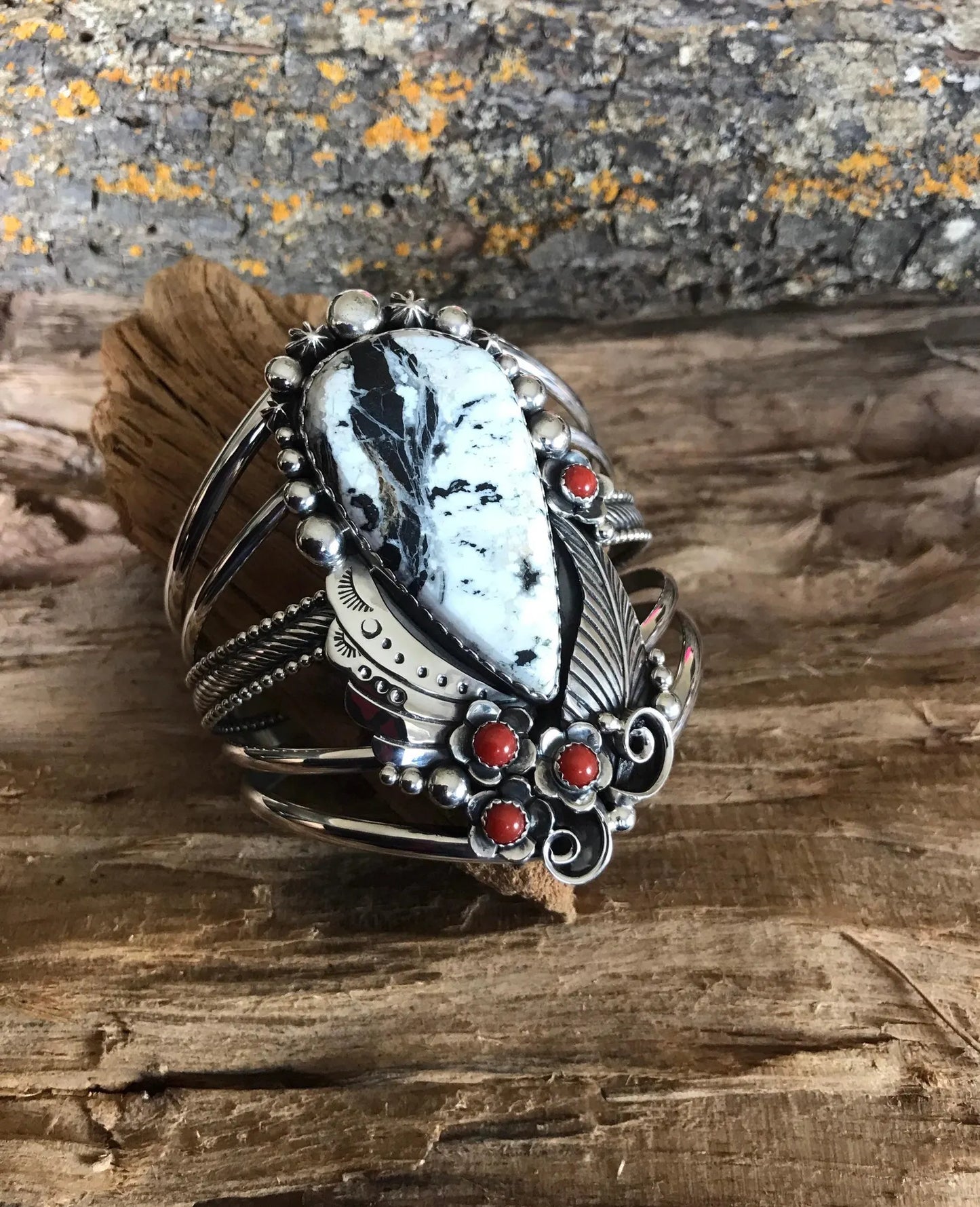 White Buffalo Turquoise Sterling Silver Cuff Bracelet: Red Coral Wildflowers, Large Wrist (5113)