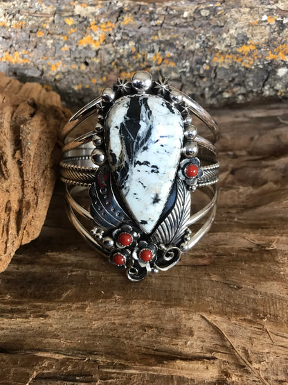 White Buffalo Turquoise Sterling Silver Cuff Bracelet: Red Coral Wildflowers, Large Wrist (5113)