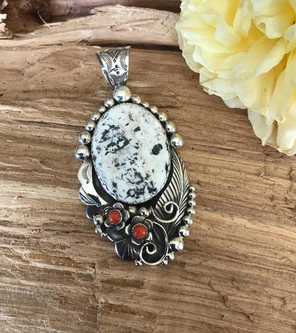 White Buffalo Pendant with Red Coral Wildflowers~ Artisan Handmade~ Sterling Silver~ Southwestern Jewelry (5159)