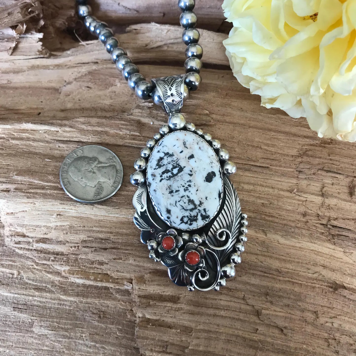 White Buffalo Pendant with Red Coral Wildflowers~ Artisan Handmade~ Sterling Silver~ Southwestern Jewelry (5159)
