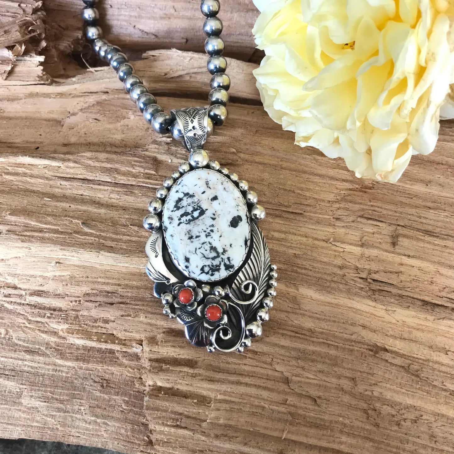 White Buffalo Pendant with Red Coral Wildflowers~ Artisan Handmade~ Sterling Silver~ Southwestern Jewelry (5159)