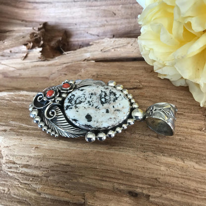 White Buffalo Pendant with Red Coral Wildflowers~ Artisan Handmade~ Sterling Silver~ Southwestern Jewelry (5159)