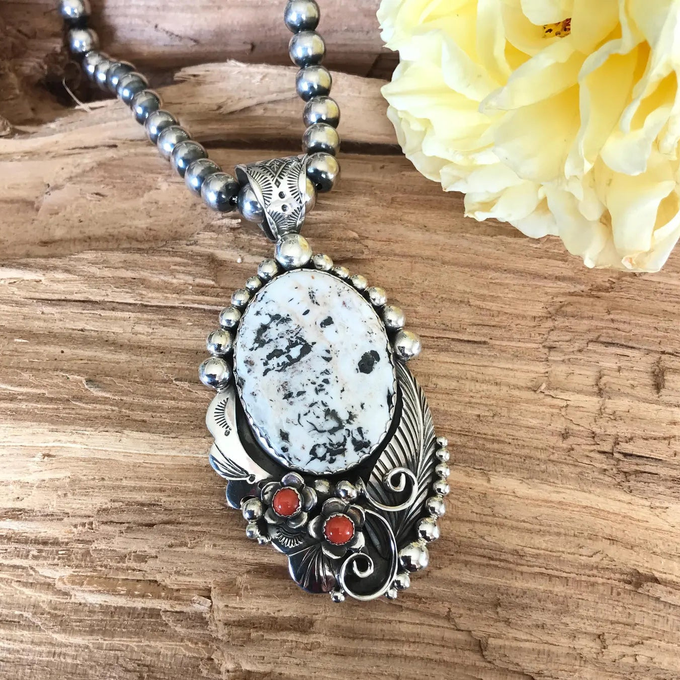 White Buffalo Pendant with Red Coral Wildflowers~ Artisan Handmade~ Sterling Silver~ Southwestern Jewelry (5159)