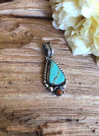 Kings Manassa Turquoise Pendant with an Amber Wildflower~ Sterling Silver~ Artisan Handmade