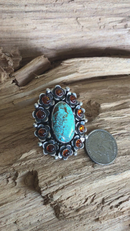 FLORA de SANTA FE ~ROYSTON Turquoise ring with Amber Wildflowers ~ Sterling Silver~size 9 ~ 1202