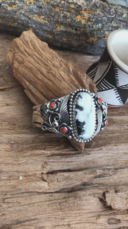 White Buffalo Cuff Bracelet with Red Coral Wildflowers~ Sterling Silver~ Artisan Handmade