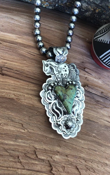 SPIRIT PONY Repousse pendant with Green Turquoise~ Sterling Silver~ Large pendant~ Artisan Handmade